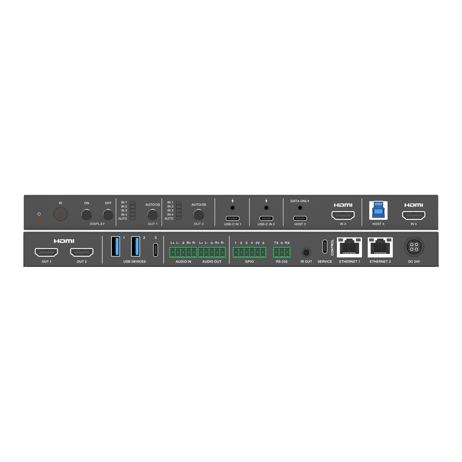 DVDO USBC-HDMI-PS-42-XL - 4K 4x2 HDMI and USB-C Presentation Switcher, front and rear views combined