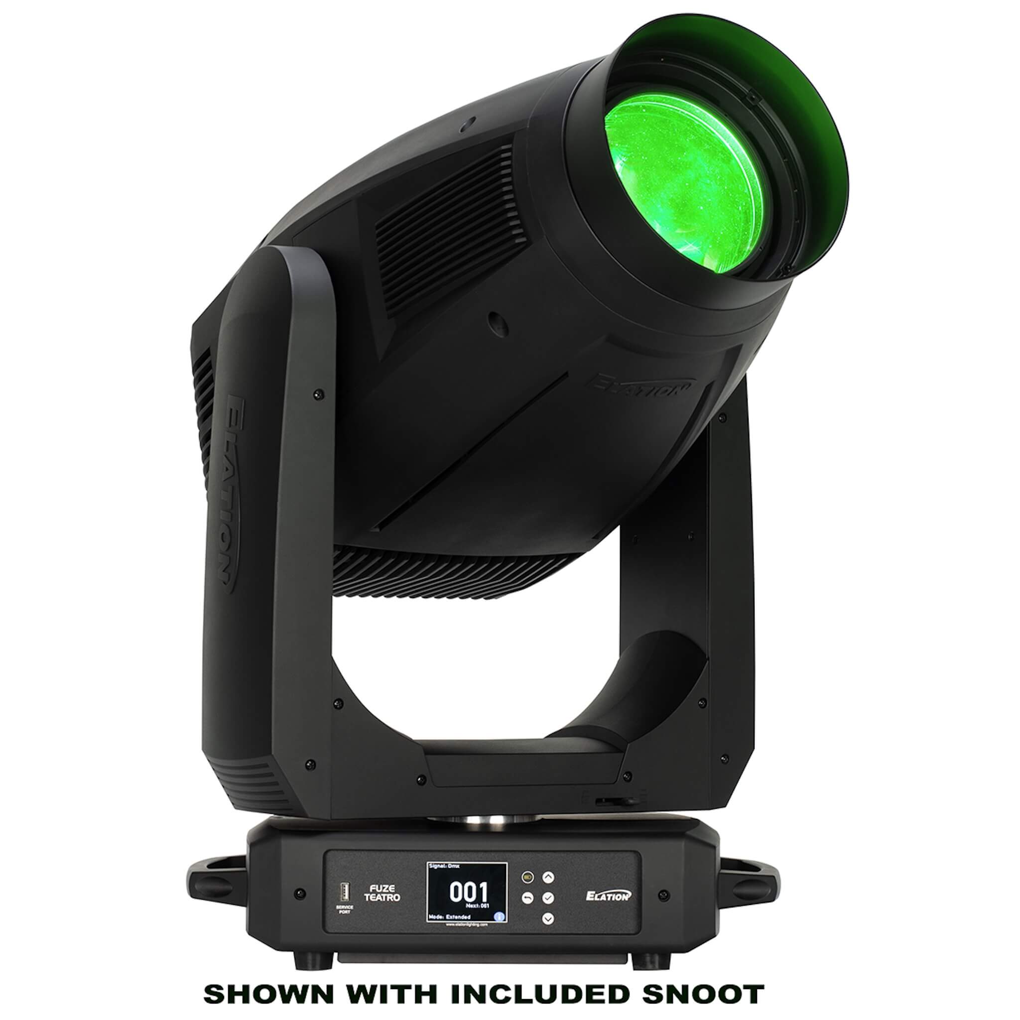 Elation Fuze Teatro - 480W RGBMA LED Framing Profile Fixture, shown with included snoot
