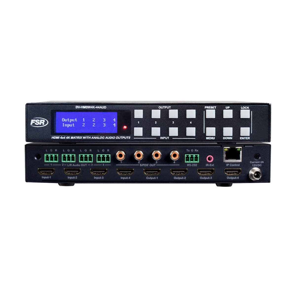 FSR DV-HMSW4K-44AUD - 4x4 HDMI 4K Matrix Switcher with Analog Outputs, stacked