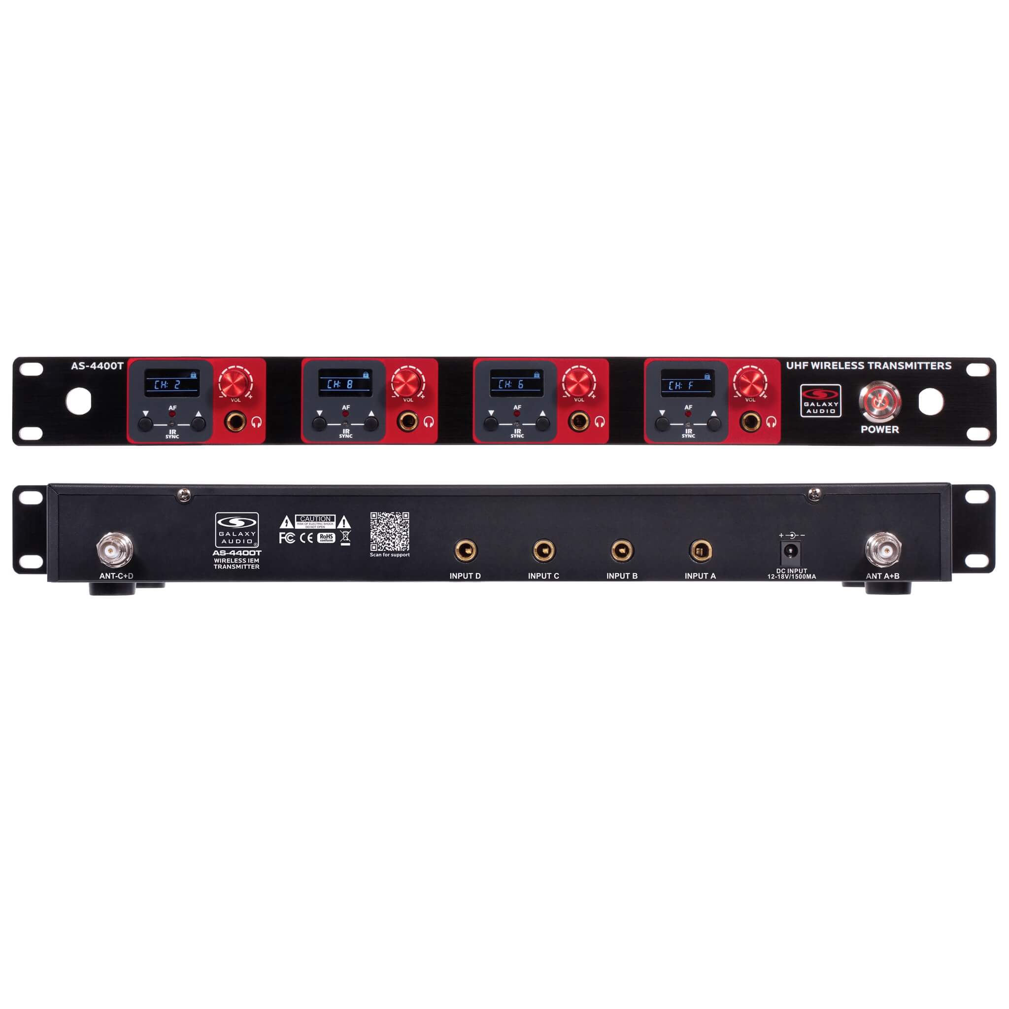 Galaxy Audio AS-4400T transmitter, front and back views