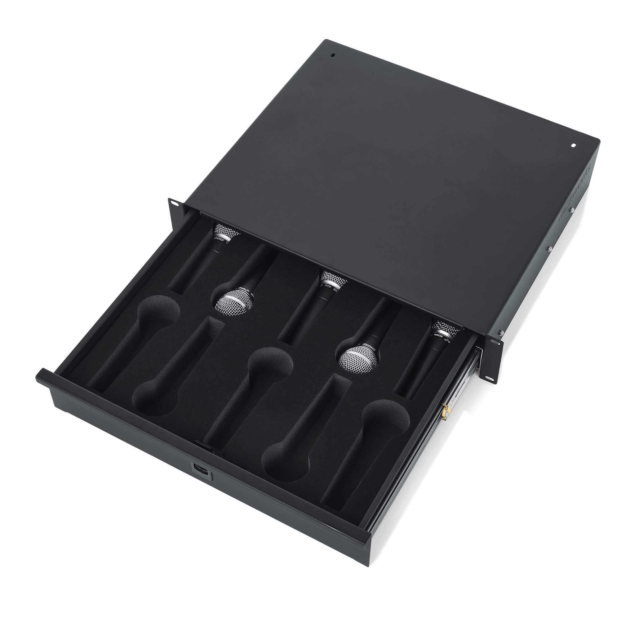 Gator GRW-DRWMIC10 - 2U Lockable Wired Microphone Rack Drawer, angle open shown with mics