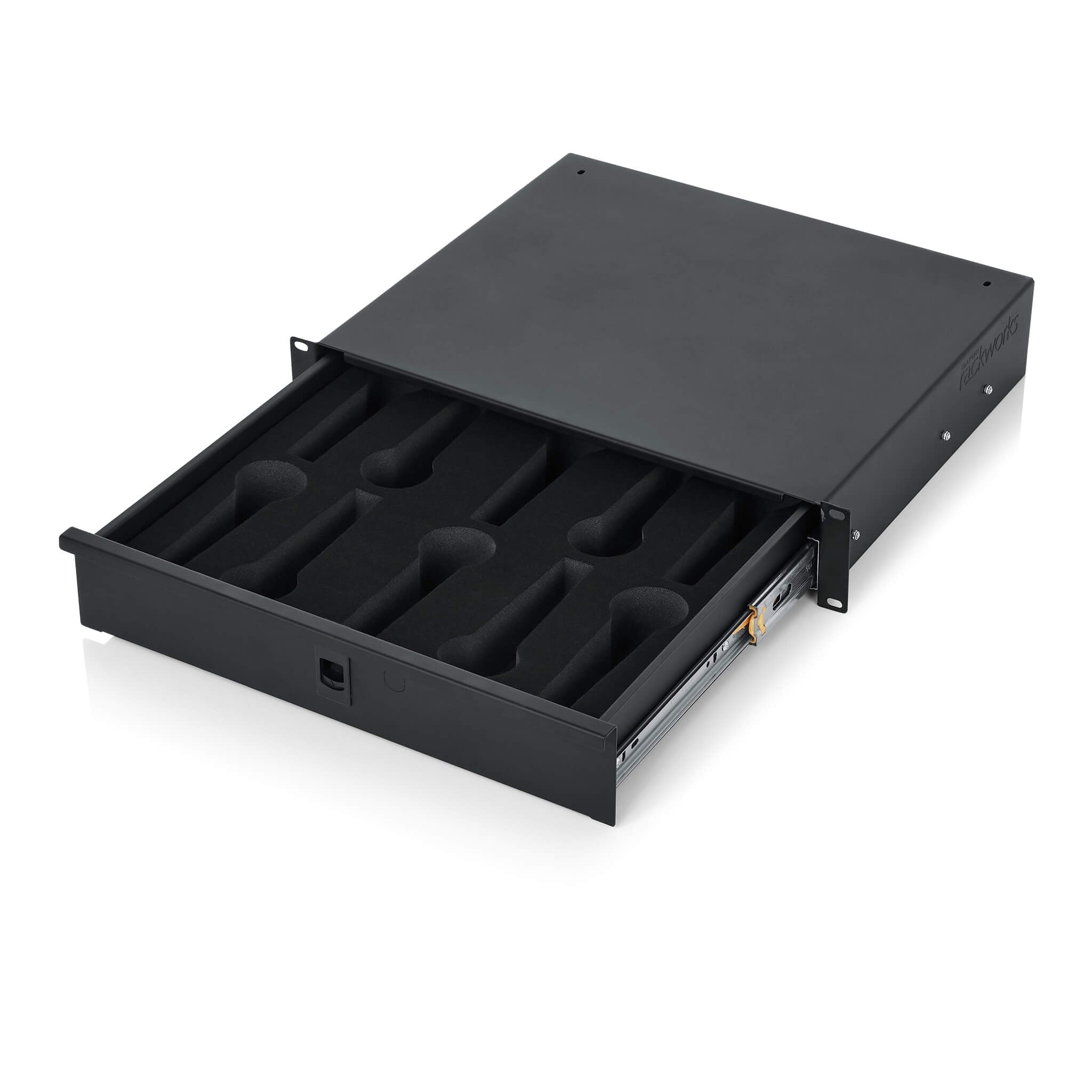Gator GRW-DRWMIC10 - 2U Lockable Wired Microphone Rack Drawer, angle open