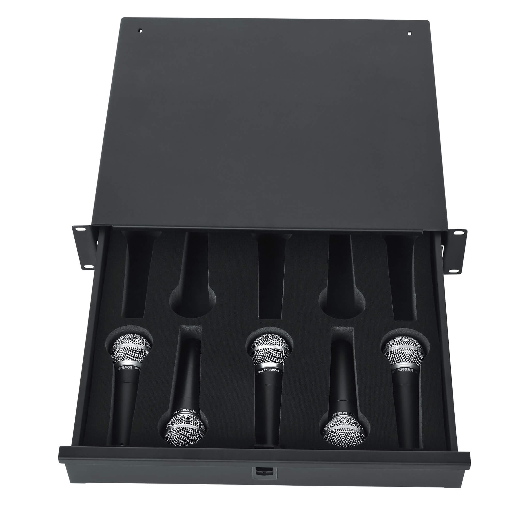 Gator GRW-DRWMIC10 - 2U Lockable Wired Microphone Rack Drawer, top open shown with mics