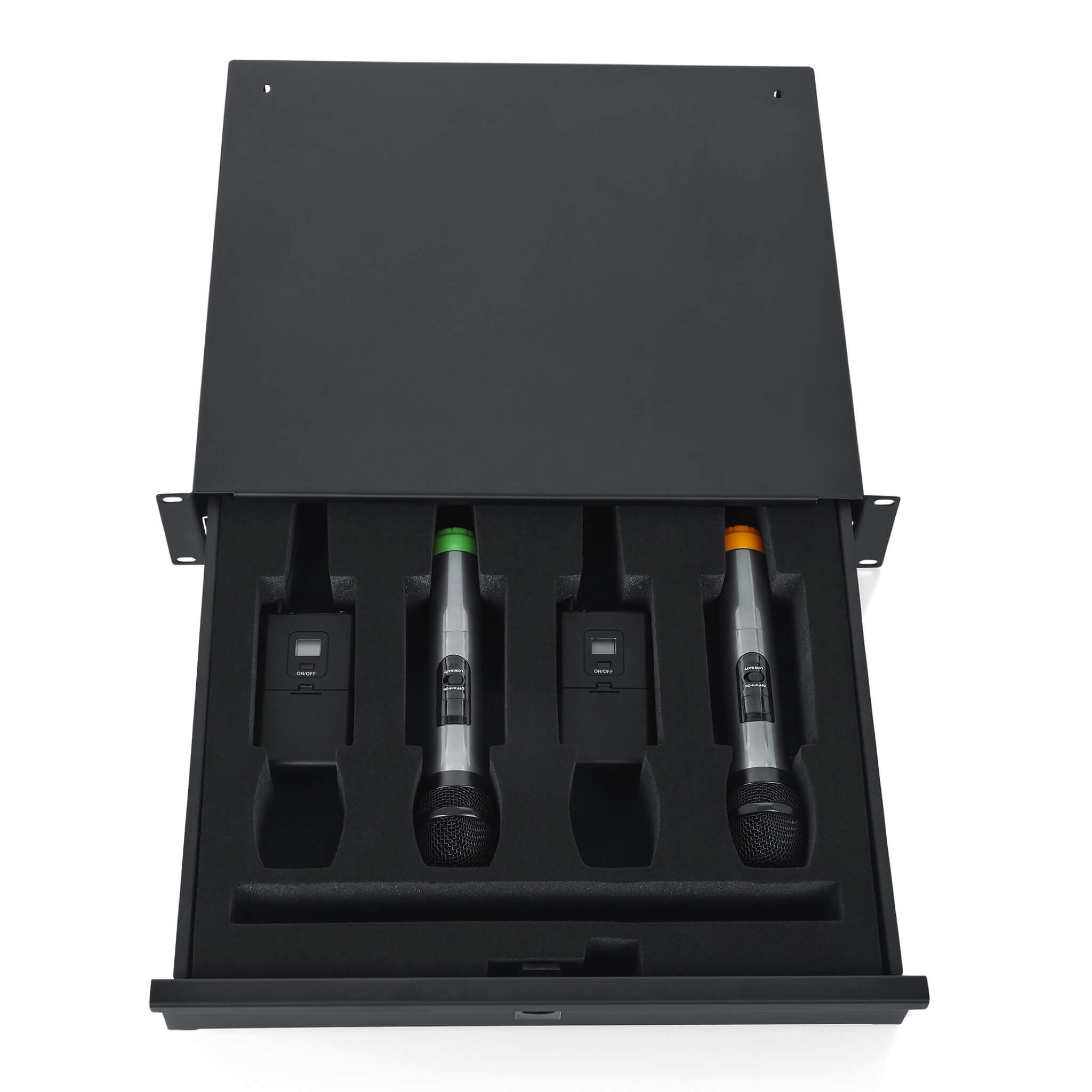 Gator GRW-DRWWRLSS - Wireless Microphone Rack Drawer, top shown with wireless gear