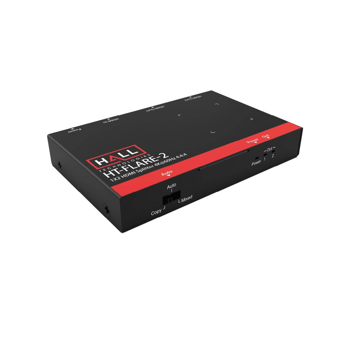 Hall Technologies HT-FLARE-2 - 4K60 1x2 HDMI Distribution Amplifier, front angle