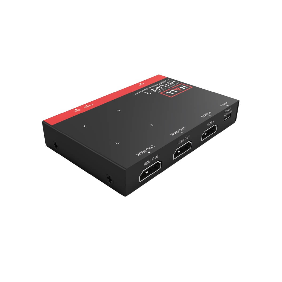 Hall Technologies HT-FLARE-2 - 4K60 1x2 HDMI Distribution Amplifier, rear angle