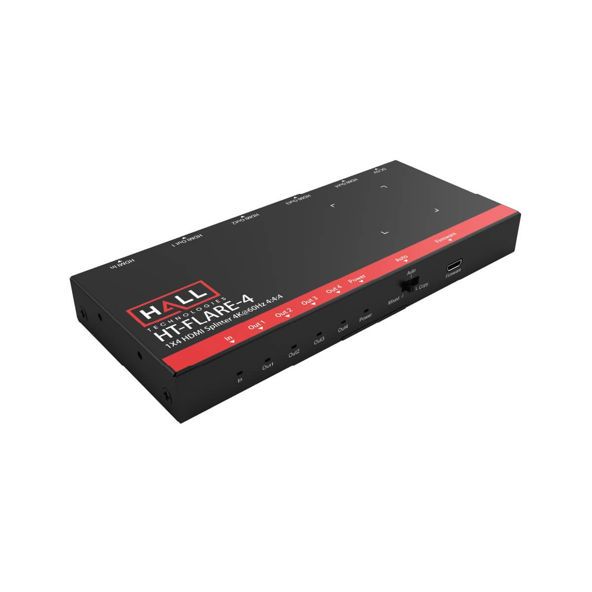 Hall Technologies HT-FLARE-4 - 4K60 1x4 HDMI Distribution Amplifier, front angle
