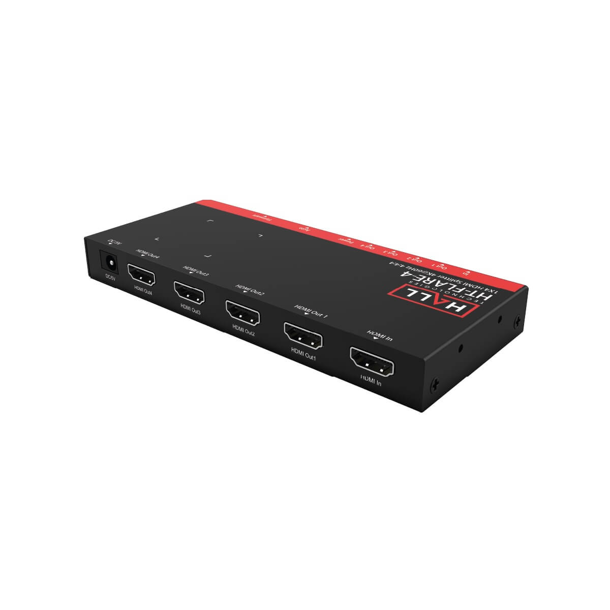 Hall Technologies HT-FLARE-4 - 4K60 1x4 HDMI Distribution Amplifier, rear angle