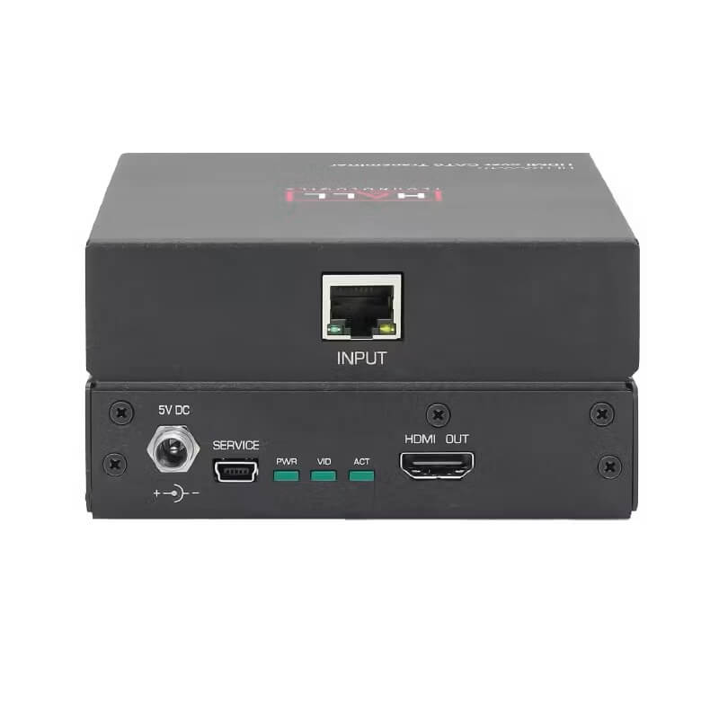 Hall Technologies ULTRA-V-R - 4K UHD HDMI Receiver, front and rear views stacked