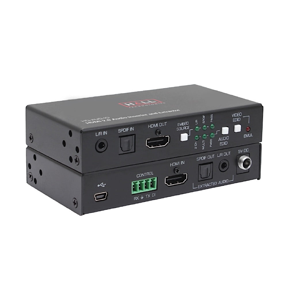 Hall Technologies HD-AUD-IO - HDMI Audio Embed, De-Embed, and EDID Management, front and back combined view