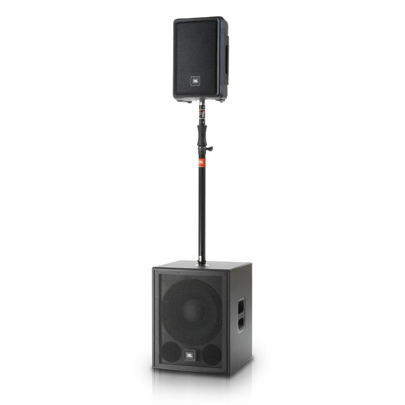 JBL IRX108BT - Powered 8-inch Portable PA Loudspeaker with Bluetooth, pole mounted on the IRX115S Subwoofer