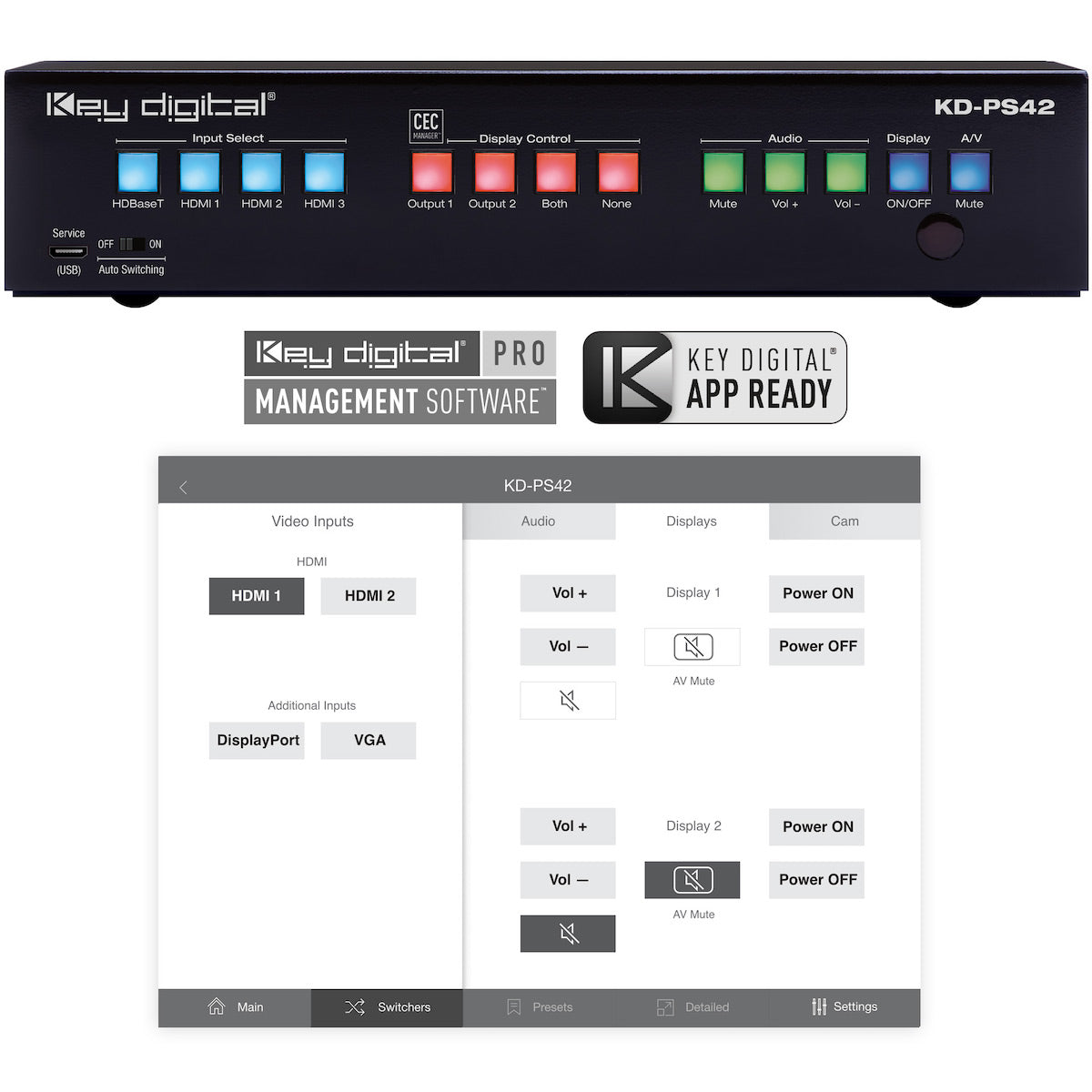 Key Digital KD-PS42 - 4x2 4K/18G Presentation Switcher Kit, control options