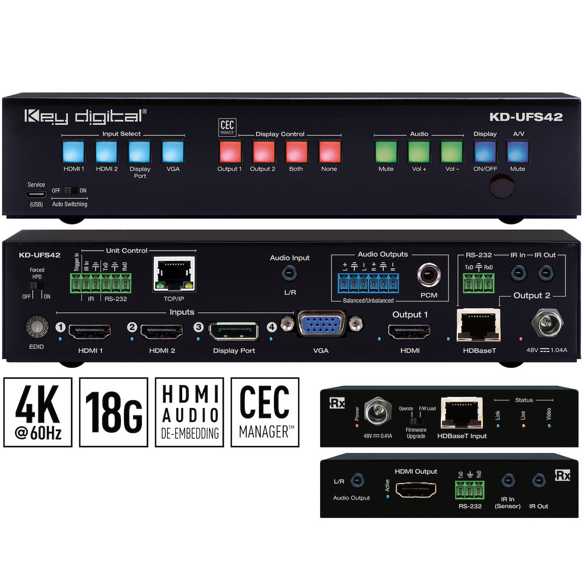 Key Digital KD-UFS42 - 4x2 4K/18G Universal Format Switcher Kit