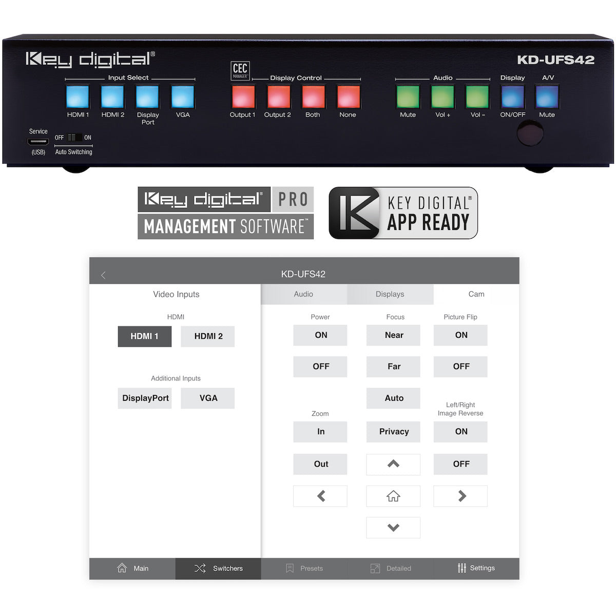 Key Digital KD-UFS42 - 4x2 4K/18G Universal Format Switcher Kit, control