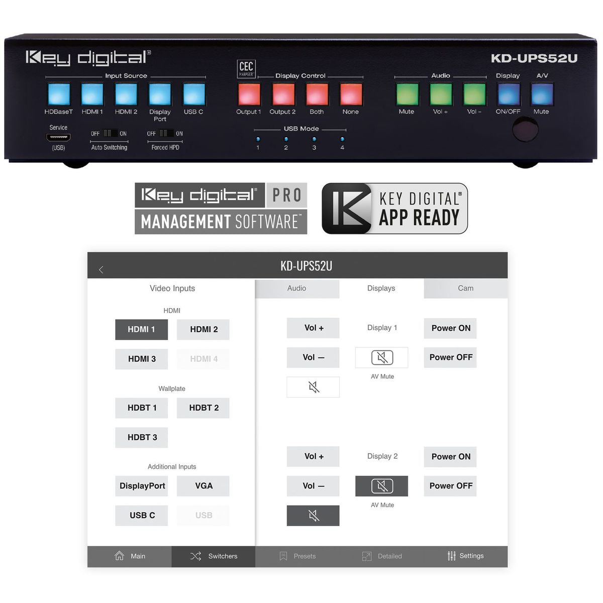 Key Digital KD-UPS52U - 5x2 4K/18G Presentation Switcher Kit, control options