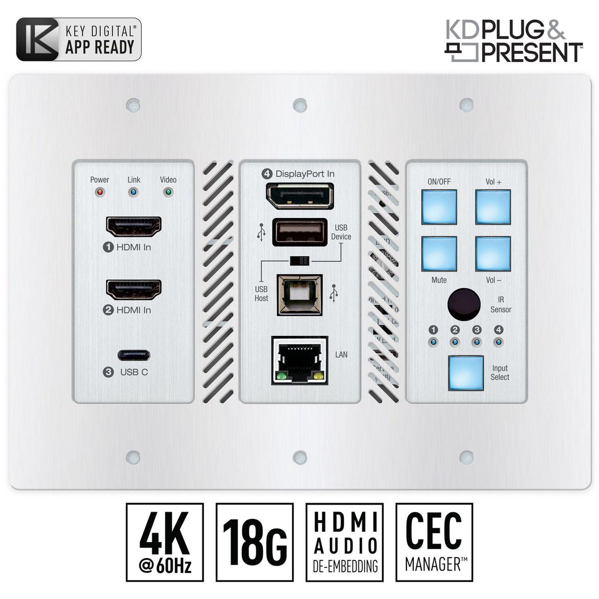 Key Digital KD-X4x1WUTx - 4x1 4K/18G HDBaseT Wall Plate Switcher