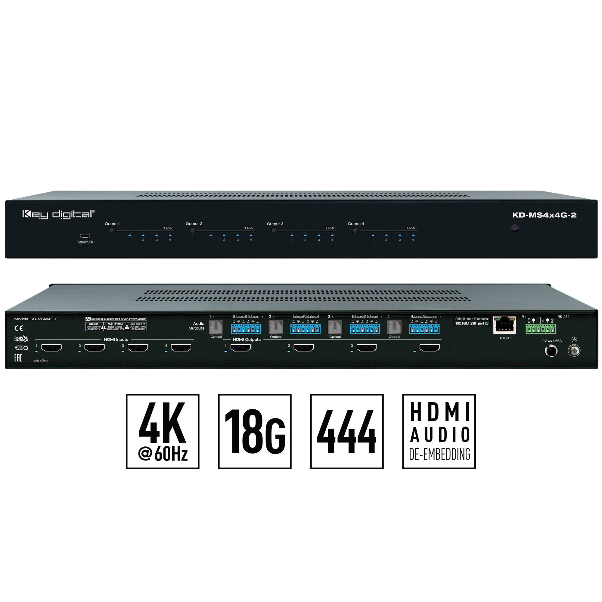 Key Digital KD-MS4x4G-2 - 4x4 4K/18G HDMI Matrix Switch