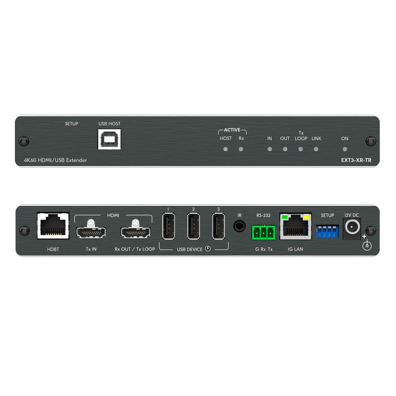 Kramer EXT3-XR-TR - 4K60 HDMI, USB 2.0, 1G Ethernet HDBaseT Extender, front and rear combined views
