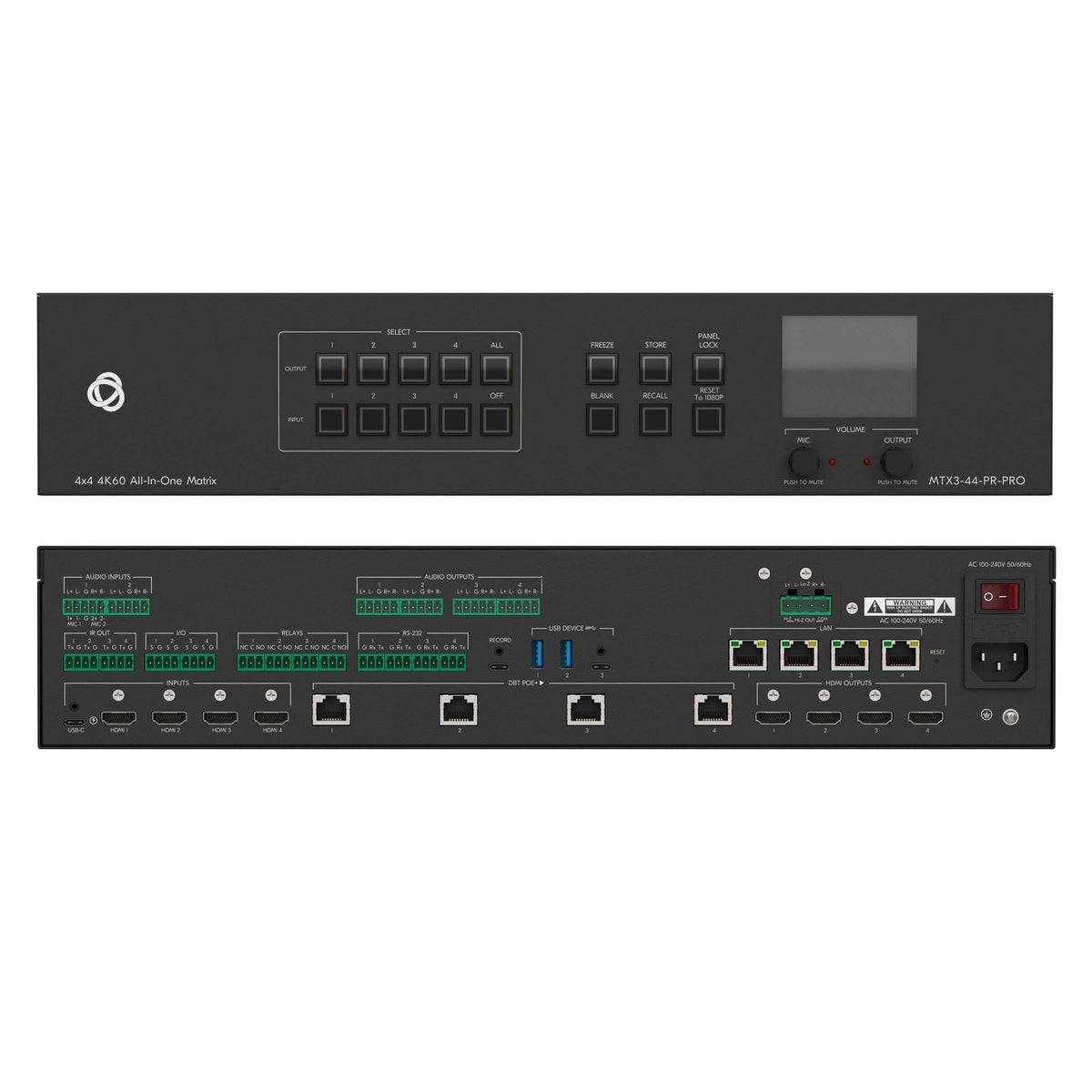 Kramer MTX3-44-PR-PRO - 4x4 4K60 All-In-One Matrix Switcher, combined front and rear views