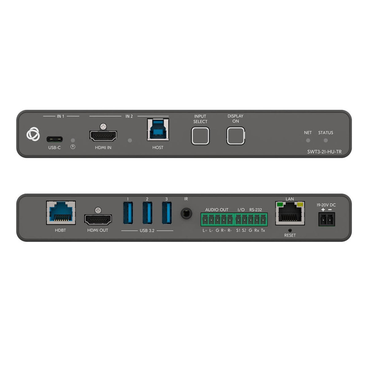 Kramer SWT3-21-HU-TR - 2x1 4K60 USB-C/HDMI Switcher Extender, combined front and rear views