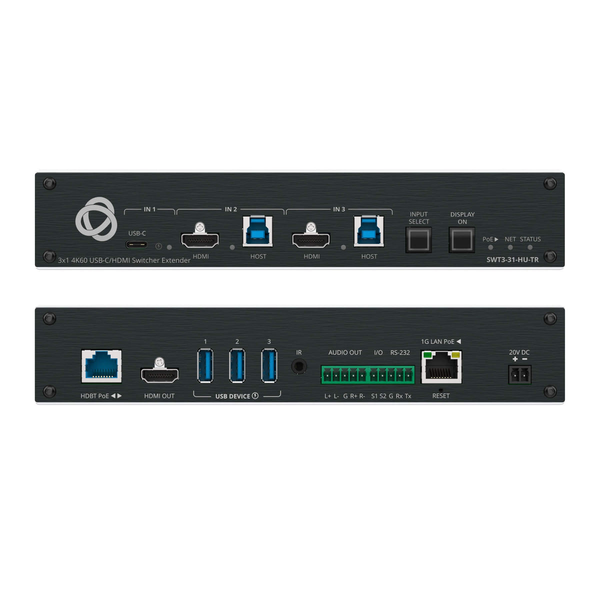 Kramer SWT3-31-HU-TR - 3x1 4K60 USB-C/HDMI Switcher Extender, front and rear views combined