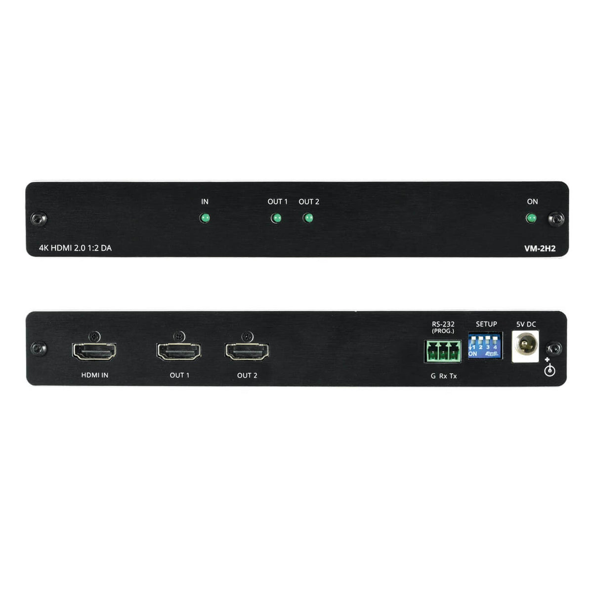 Kramer VM-2H2 - 1:2 4K60 HDR HDMI Distribution Amplifier, combined front and rear views