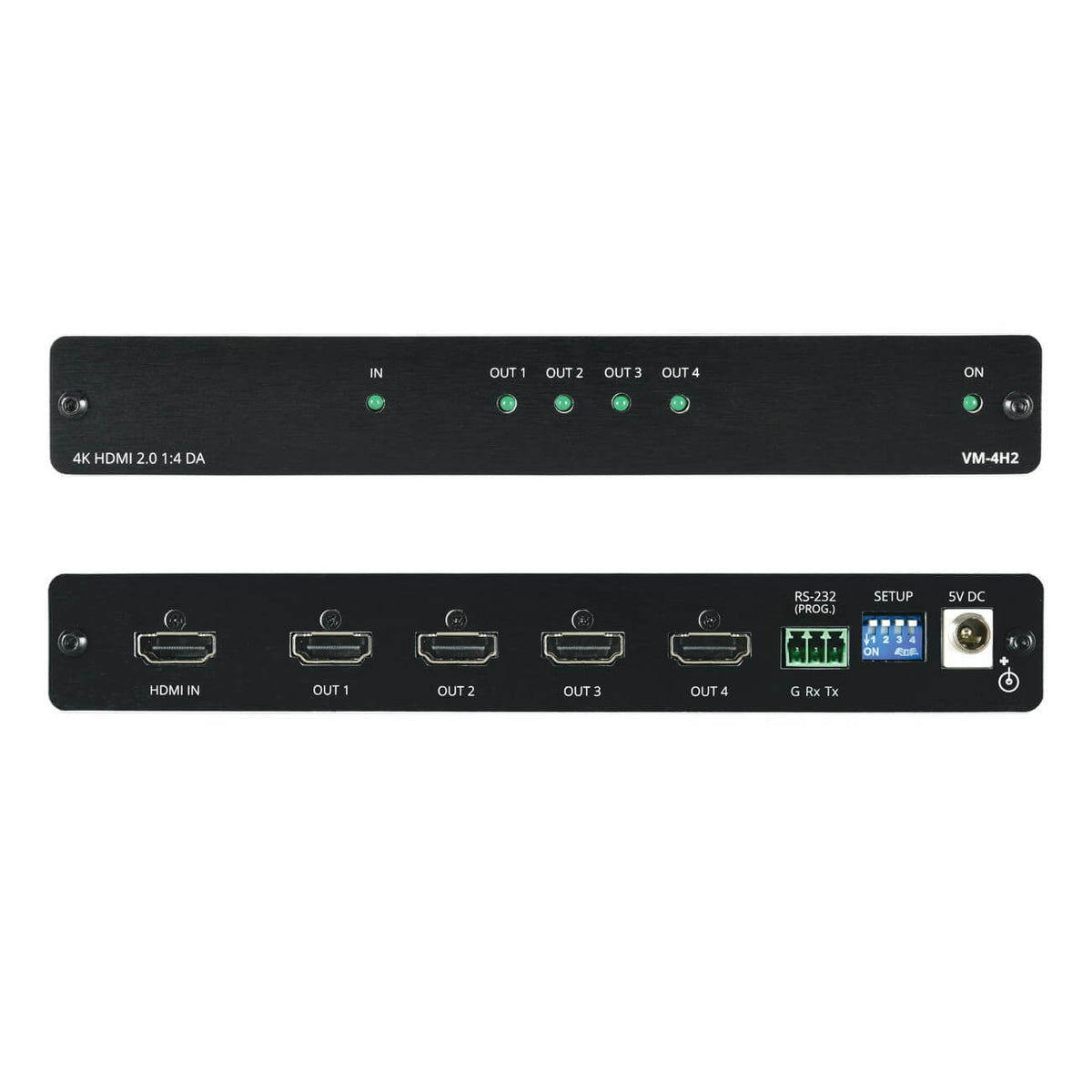 Kramer VM-4H2 - 1:4 4K60 HDR HDMI Distribution Amplifier, combined front and rear views