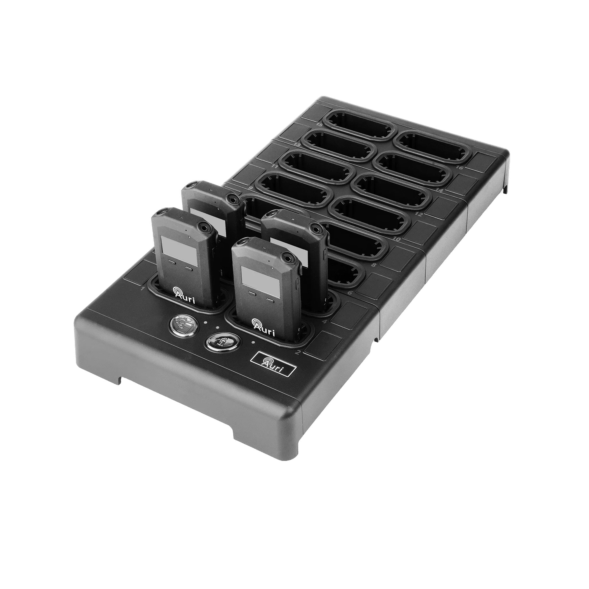 Listen AURI-D16 - Auracast Broadcast Audio Docking Station 16, angled view shown with optional receivers
