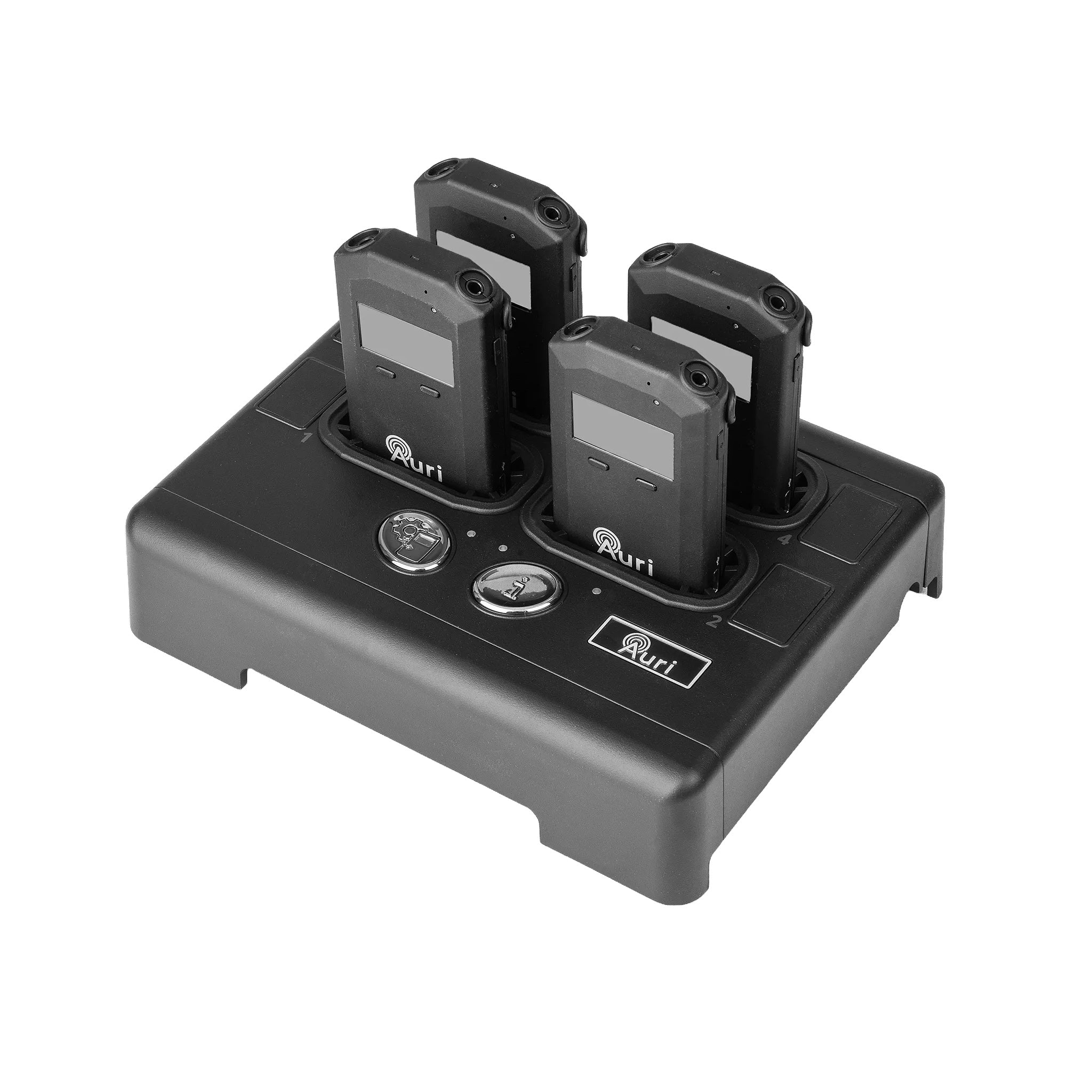 Listen AURI-D4 - Auracast Broadcast Audio Docking Station 4, angled and shown with optional receivers