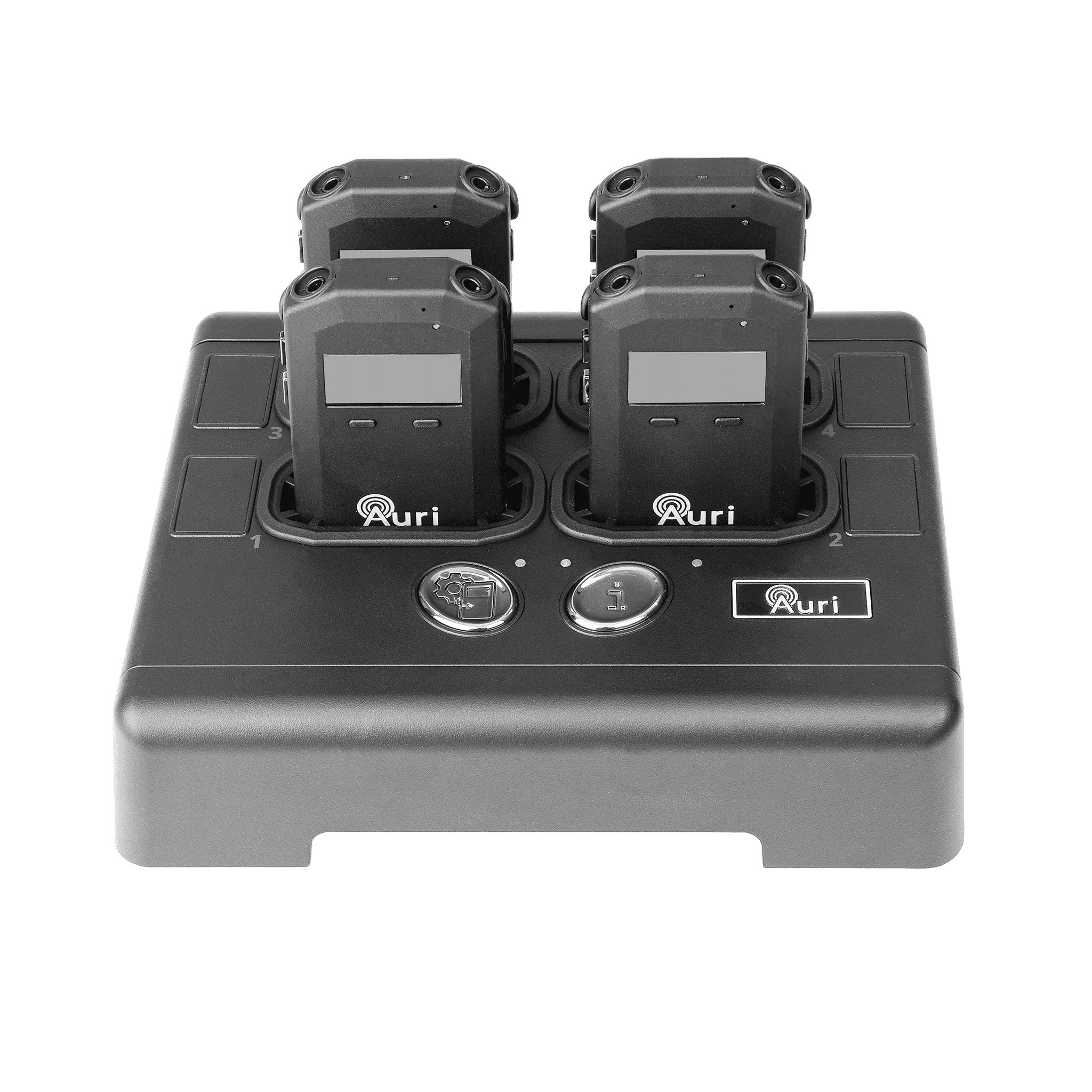 Listen AURI-D4 - Auracast Broadcast Audio Docking Station 4, top view shown with optional receivers