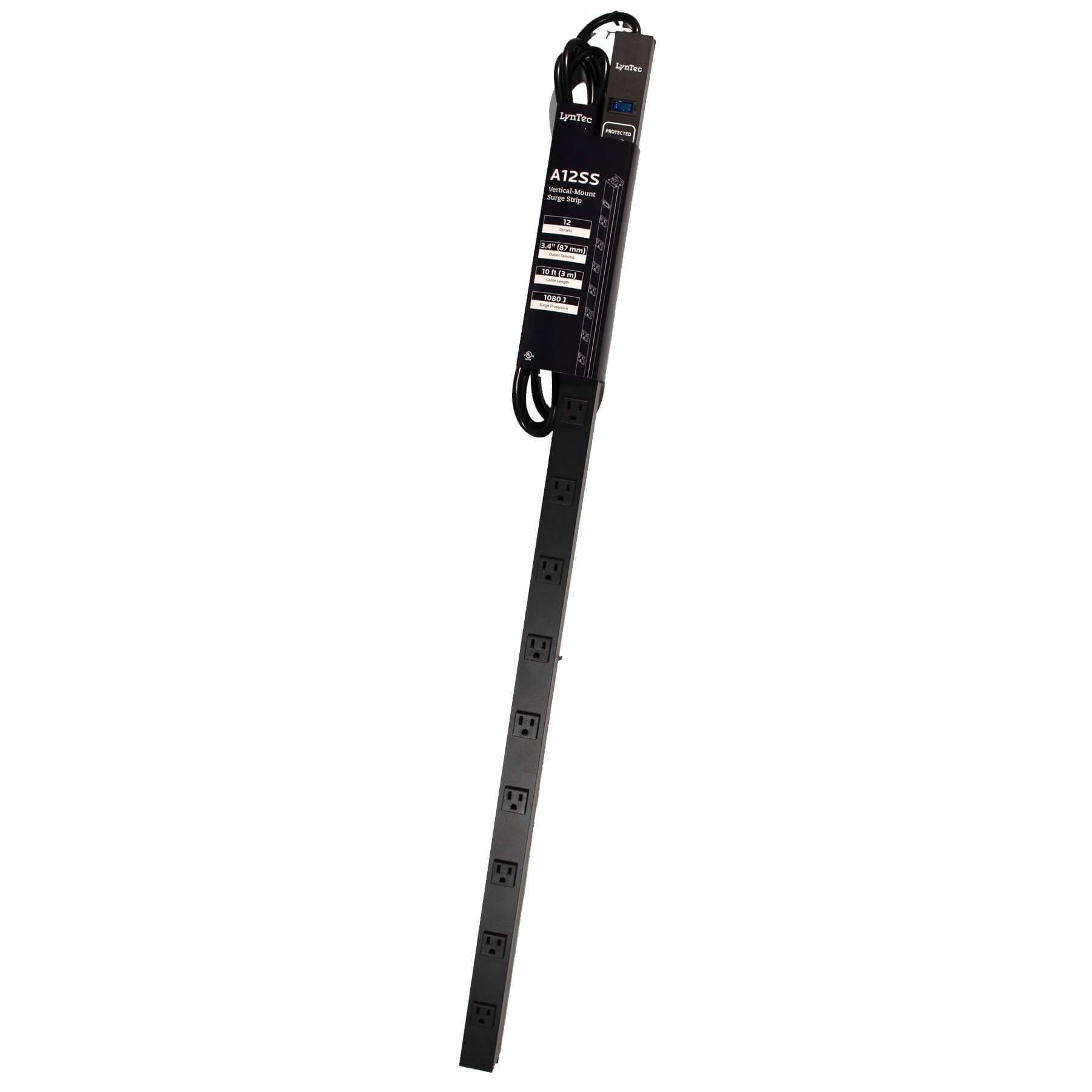 LynTec A12SS - 15A 12-Outlet Power Strip with Surge Protection, vertical mount