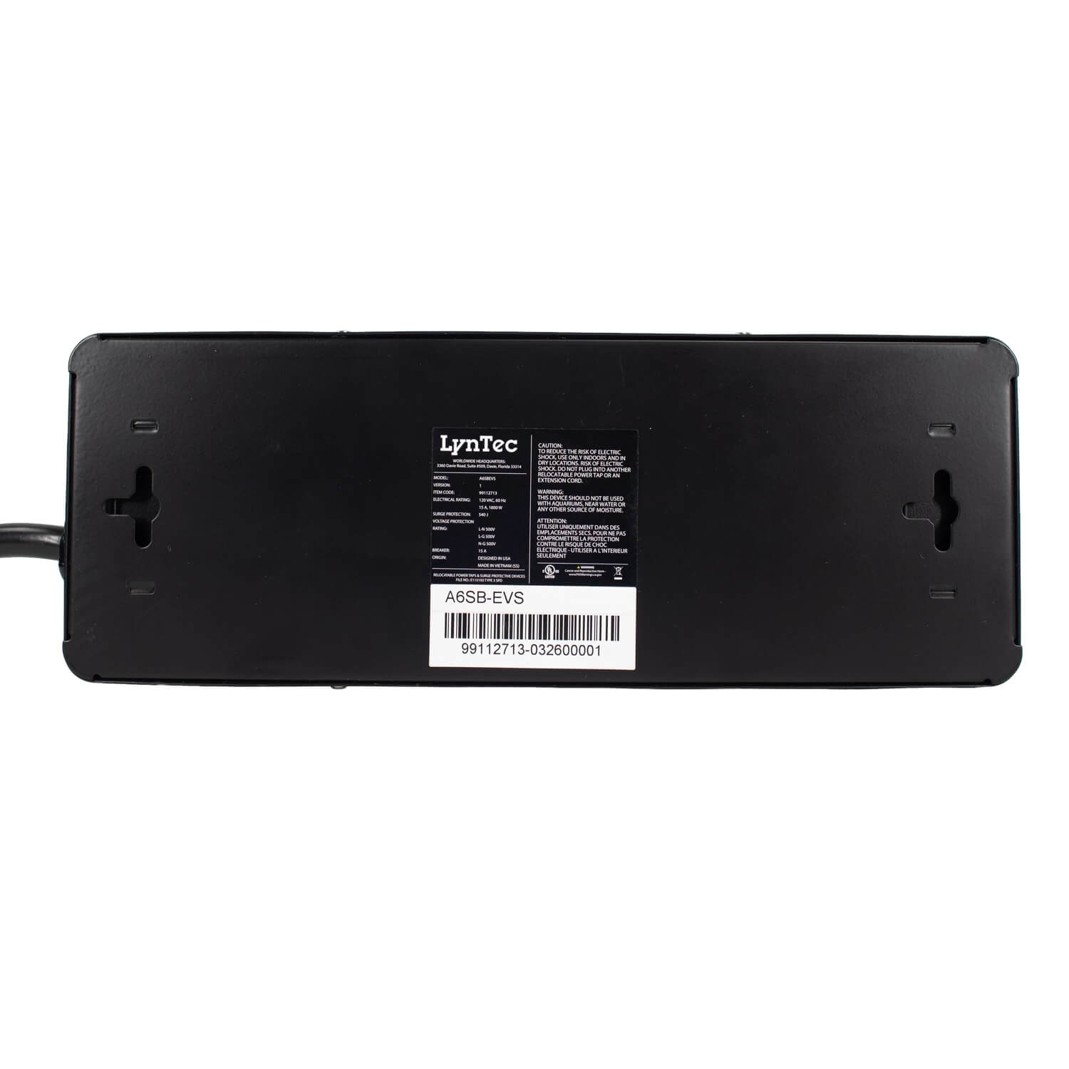 LynTec A6SB-EVS - 15A 6-Outlet Power Block with Surge Protection and EVS, bottom