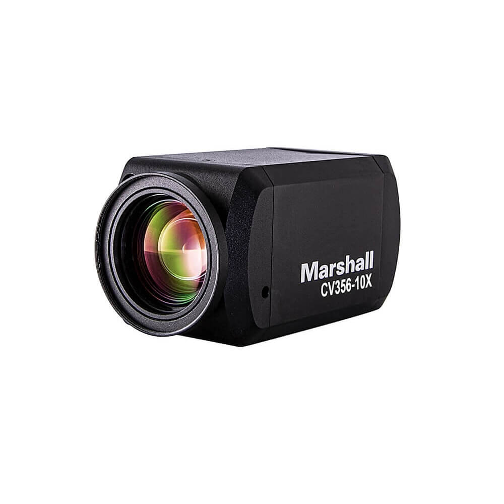 Marshall CV356-10X - Compact HD60 video camera with 10x optical zoom and 3G-SDI and HDMI simultaneous outputs, angled left