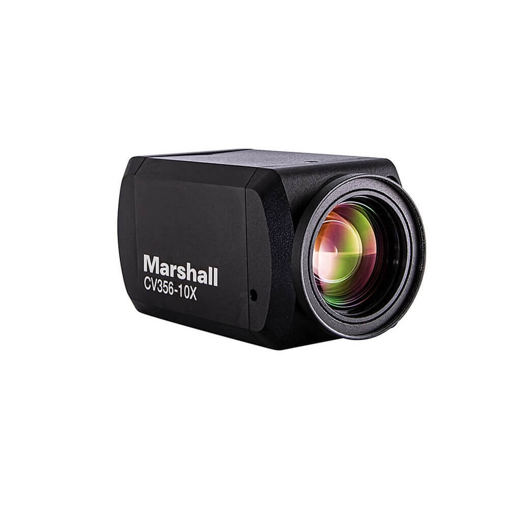 Marshall CV356-10X - Compact HD60 video camera with 10x optical zoom and 3G-SDI and HDMI simultaneous outputs, angled right
