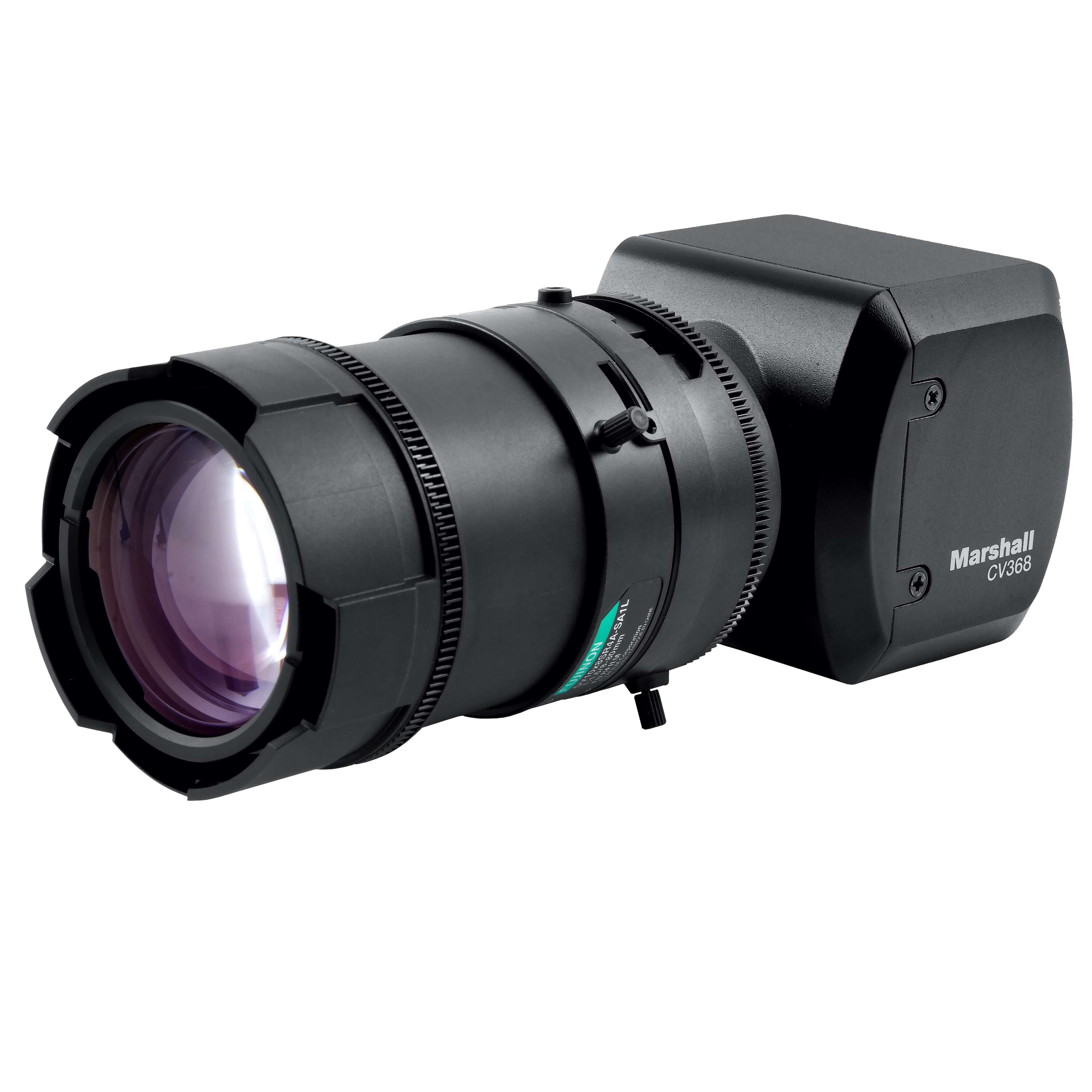 Marshall CV368 - Compact Global HD Camera with Genlock 3G-SDI and HDMI, shown with optional lens