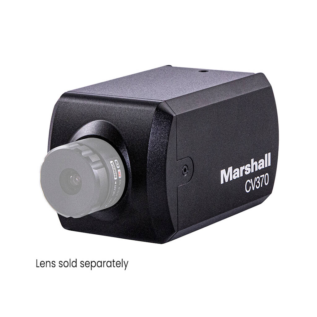 Marshall CV370 - Compact POV HD Camera with NDI HX3 and HDMI, angled left, lens sold separately