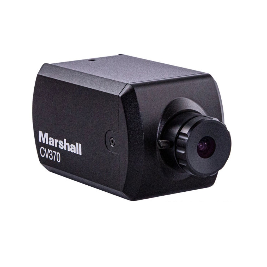 Marshall CV370 - Compact POV HD Camera with NDI HX3 and HDMI, angled right and shown with optional lens