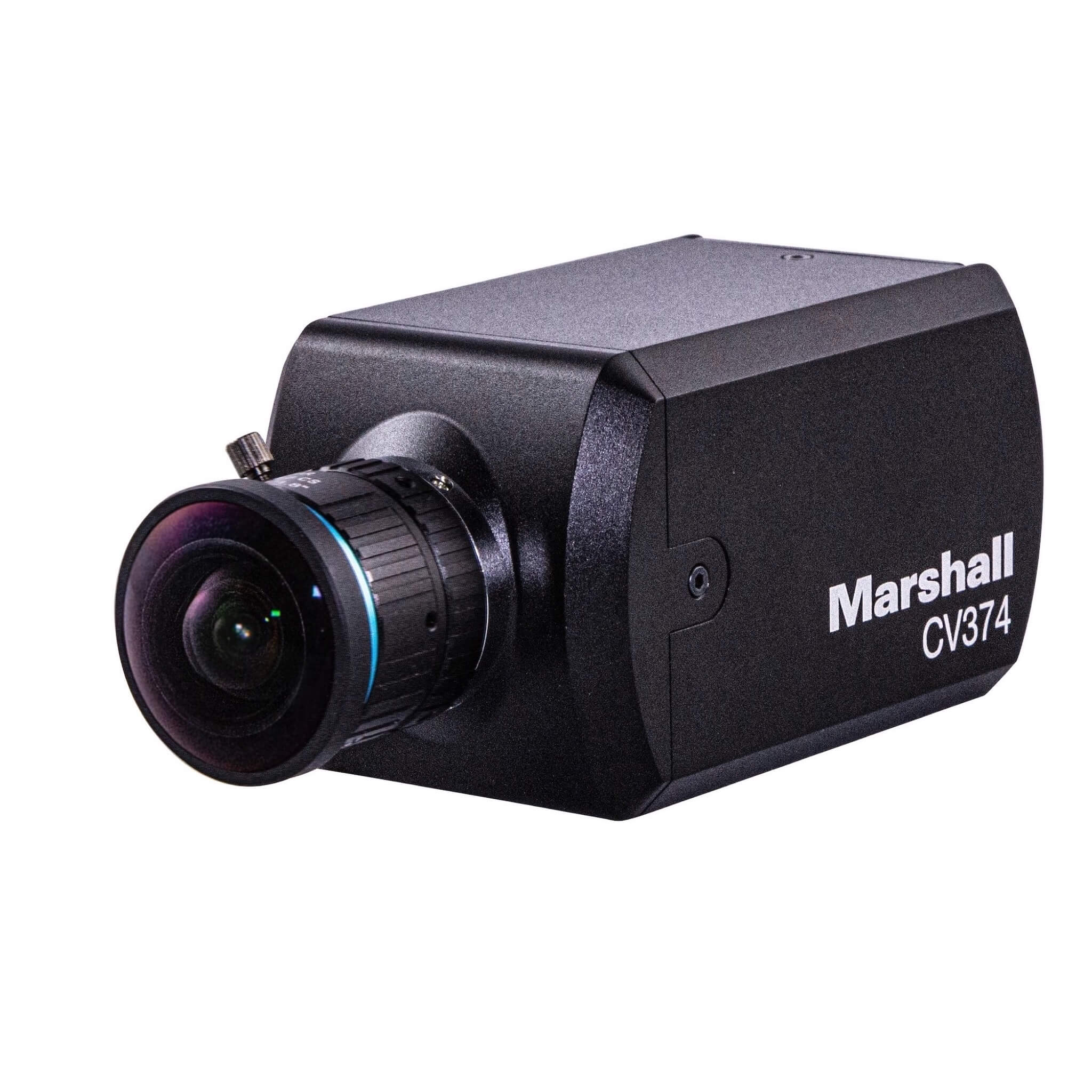 Marshall CV374 - Compact 4K UHD Camera with NDI HX3 and HDMI, angled left shown with optional lens