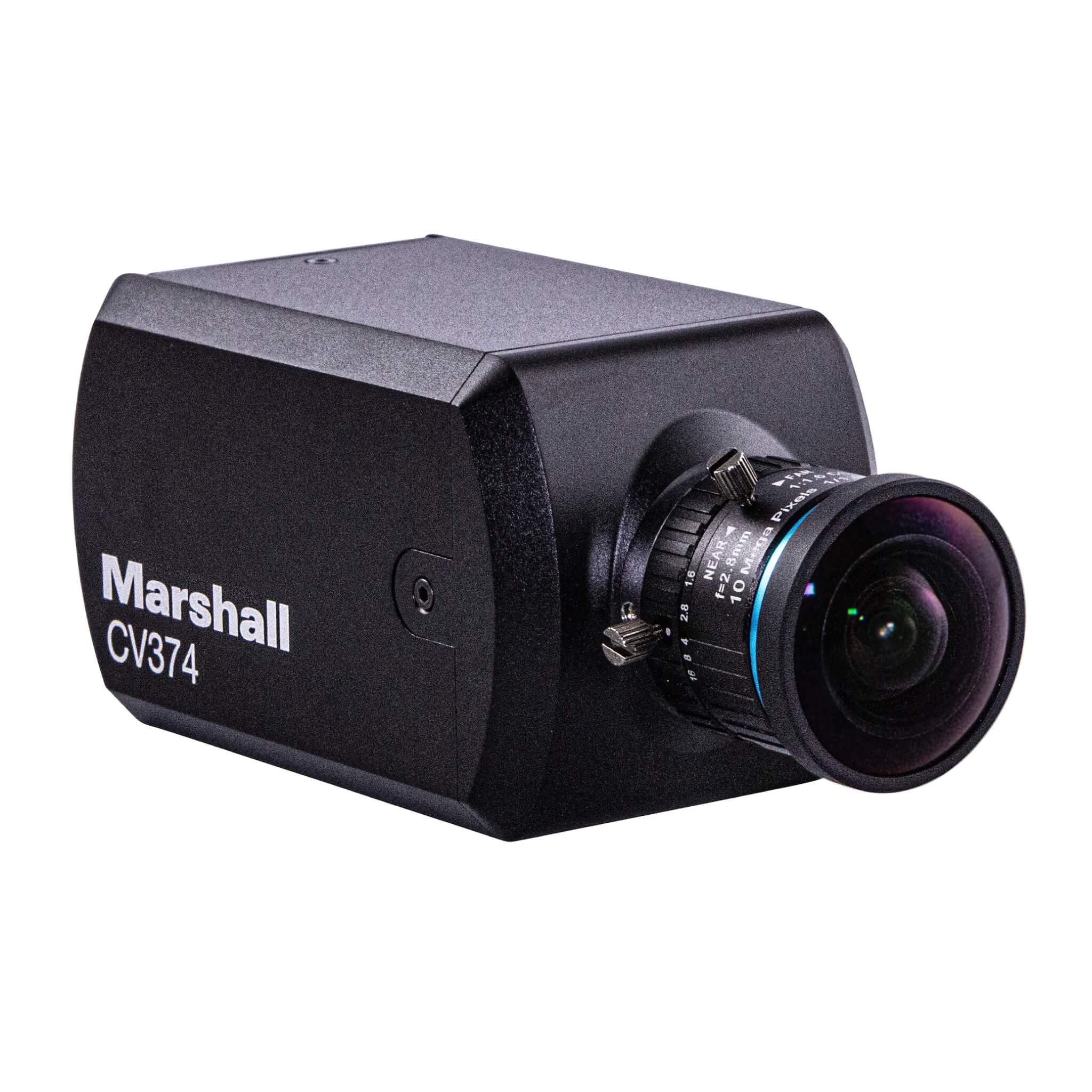 Marshall CV374 - Compact 4K UHD Camera with NDI HX3 and HDMI, angled right shown with optional lens
