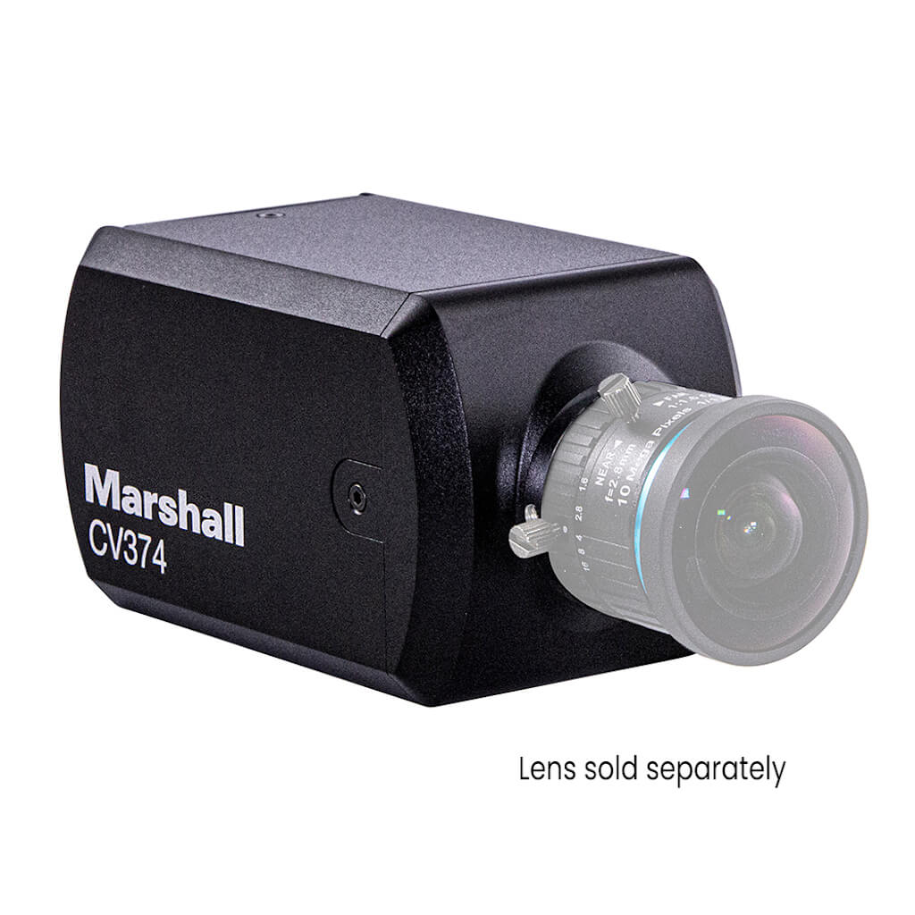 Marshall CV374 - Compact 4K UHD Camera with NDI HX3 and HDMI, angled right, lens sold separately