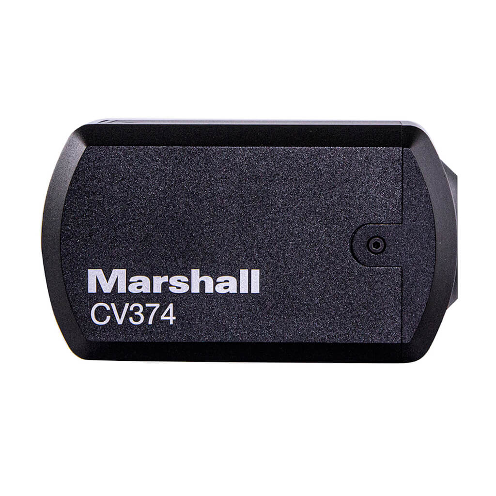 Marshall CV374 - Compact 4K UHD Camera with NDI HX3 and HDMI, angled left shown with optional lens, right side