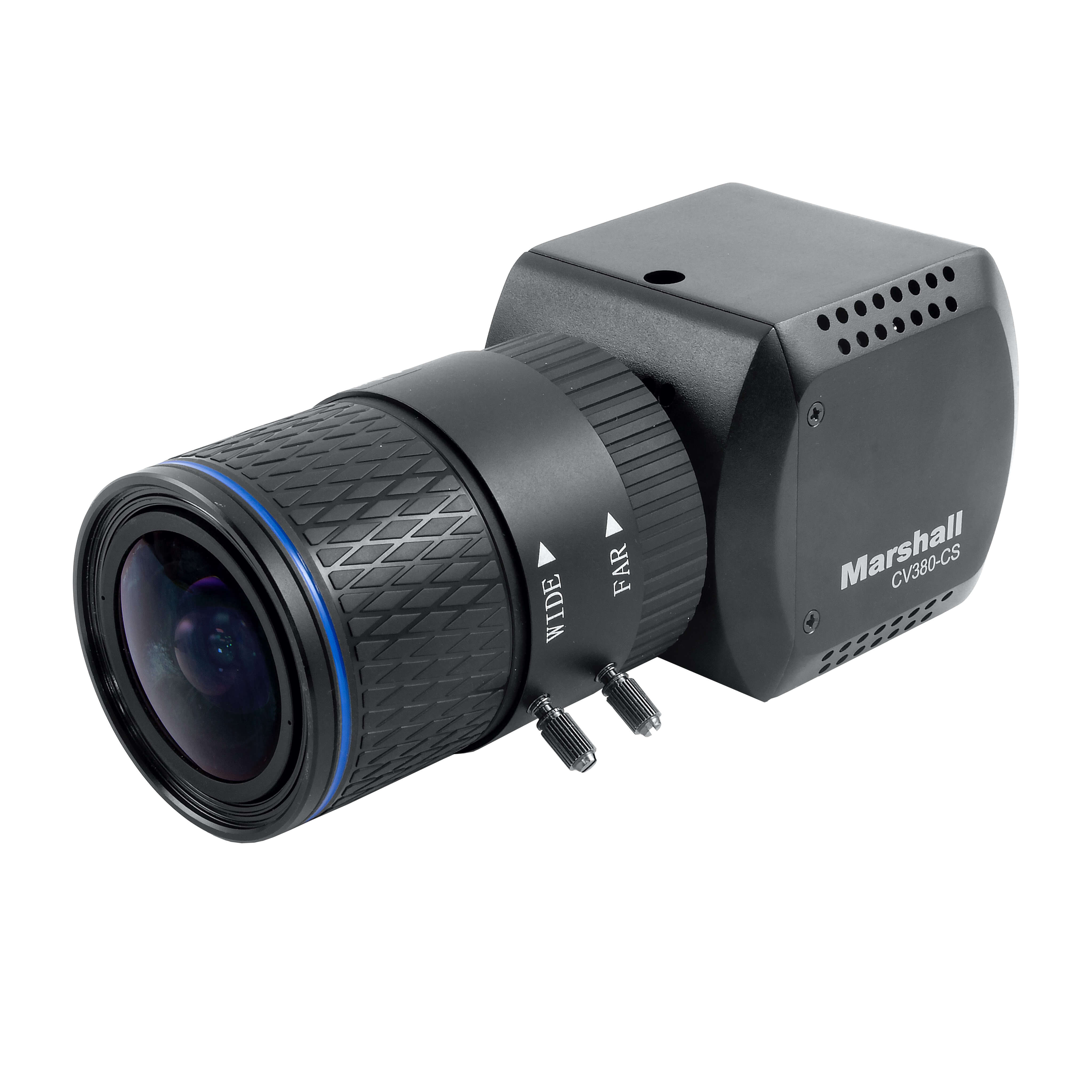Marshall CV380-CS - Compact 4K UHD Camera with 6G-SDI and HDMI, angled left, shown with optional lens