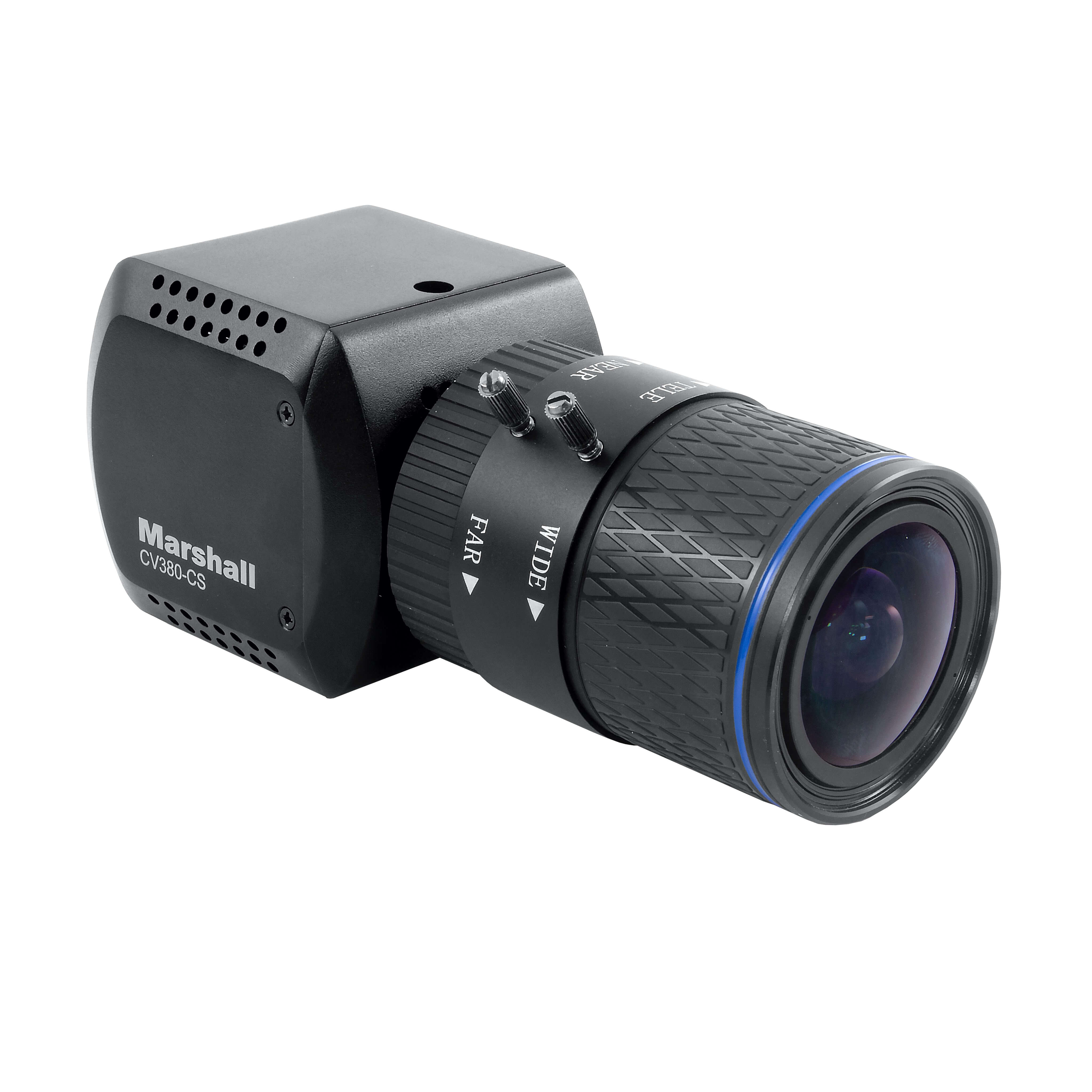 Marshall CV380-CS - Compact 4K UHD Camera with 6G-SDI and HDMI, angled right, shown with optional lens