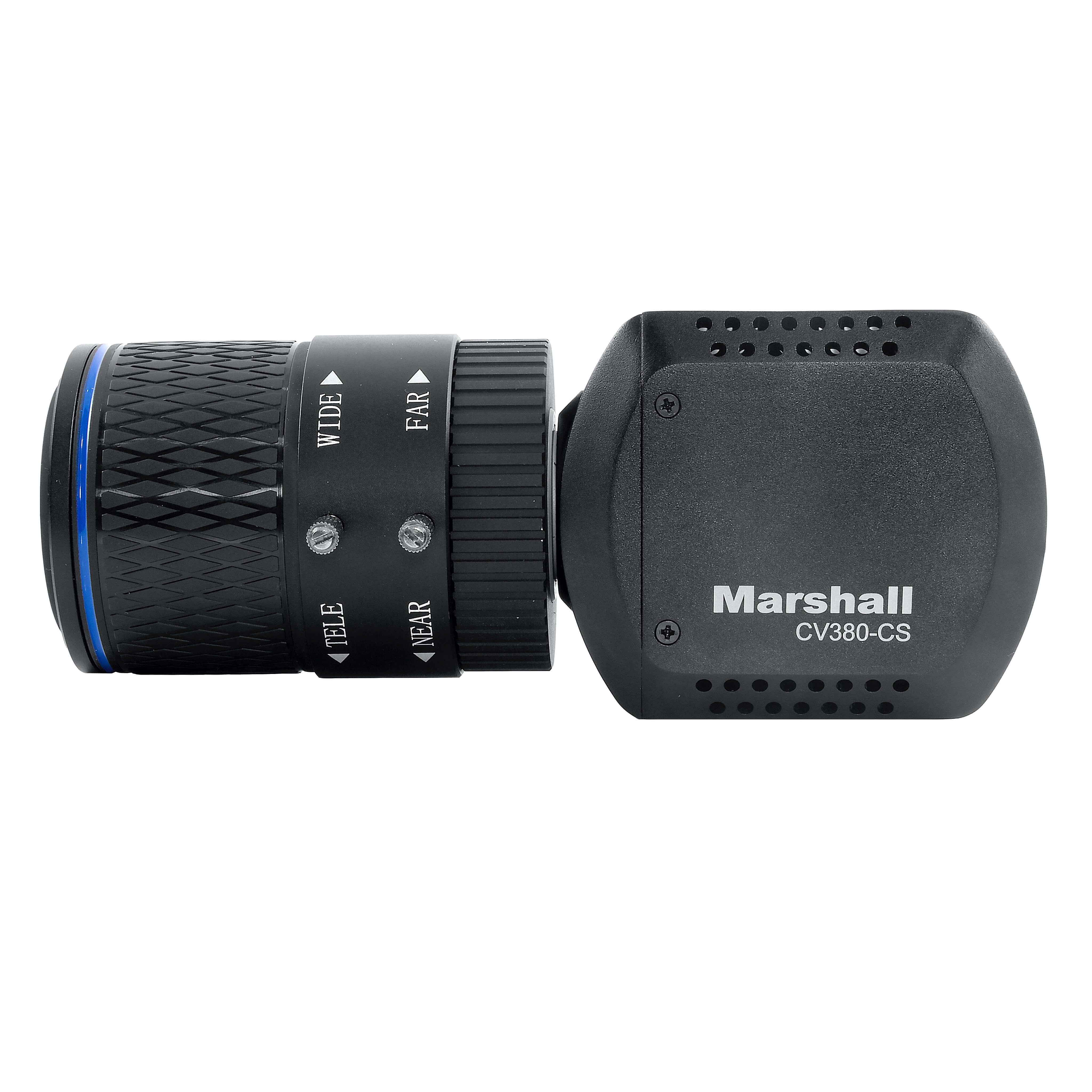 Marshall CV380-CS - Compact 4K UHD Camera with 6G-SDI and HDMI, left side, shown with optional lens