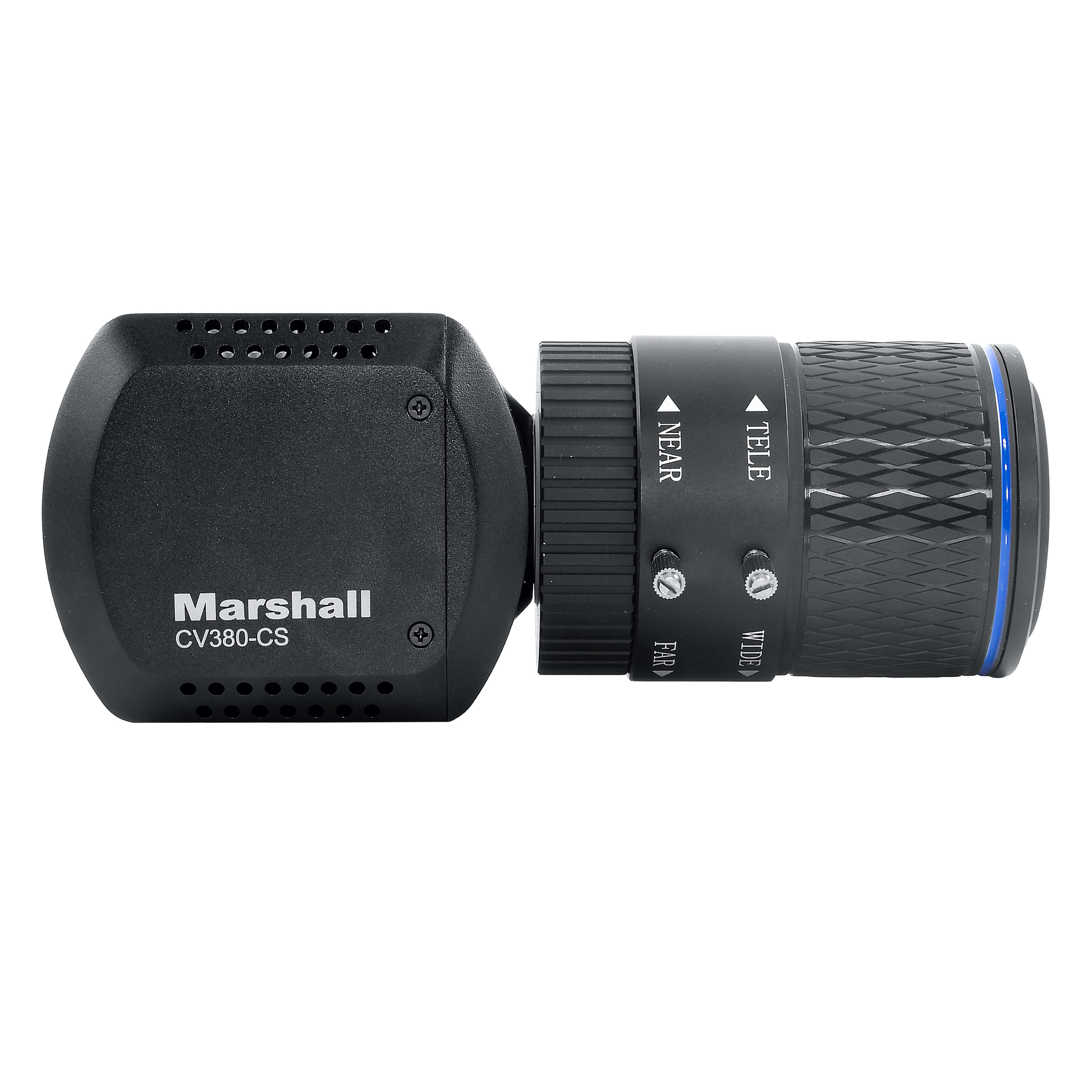 Marshall CV380-CS - Compact 4K UHD Camera with 6G-SDI and HDMI, right side, shown with optional lens