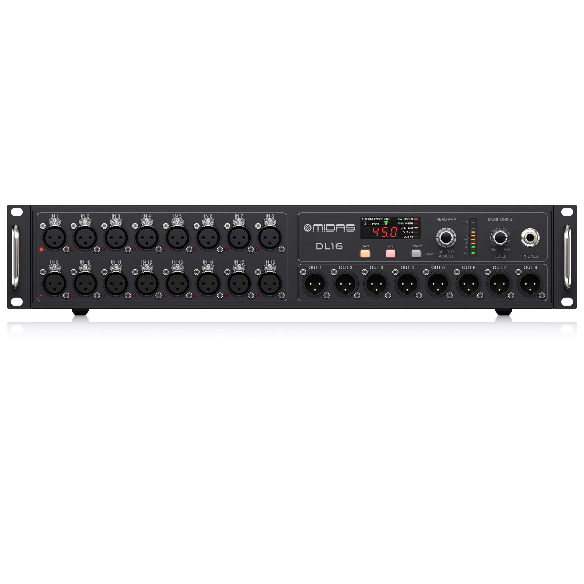 Midas DL16 - 16-Input, 8-Output Stage Box with 16 Midas Mic Preamps, front