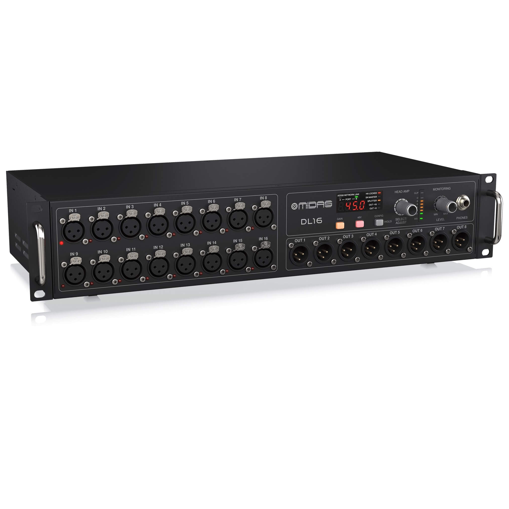 Midas DL16 - 16-Input, 8-Output Stage Box with 16 Midas Mic Preamps, left