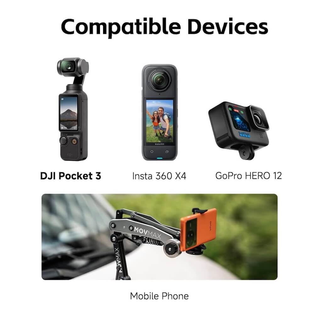Movmax Blade Arm - Vehicle-Mounted Vibration Reducing Camera Mount, compatible devices