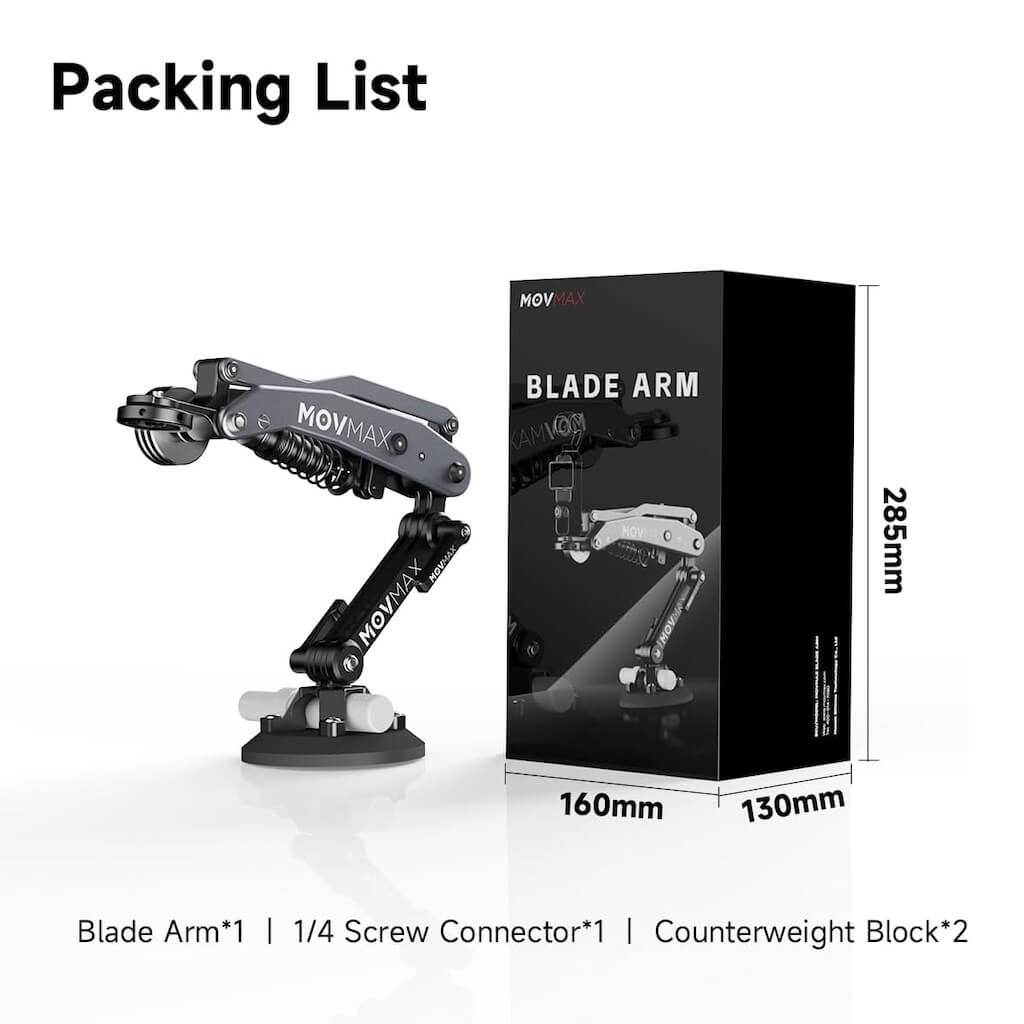 Movmax Blade Arm - Vehicle-Mounted Vibration Reducing Camera Mount, packing list