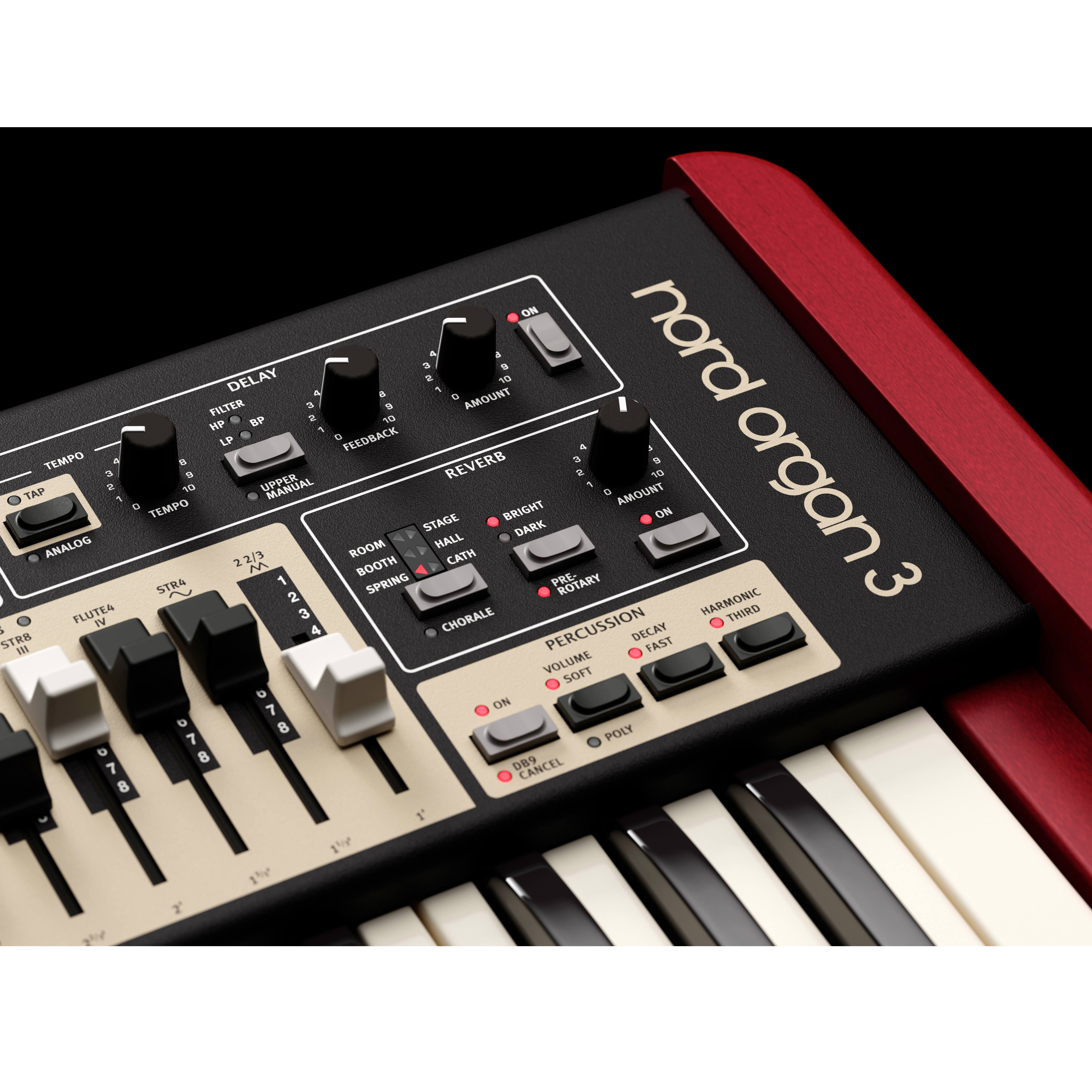 Nord Organ 3 with 2x61-key Triple Sensor Semi-Weighted Waterfall Keyboard, reverb detail view